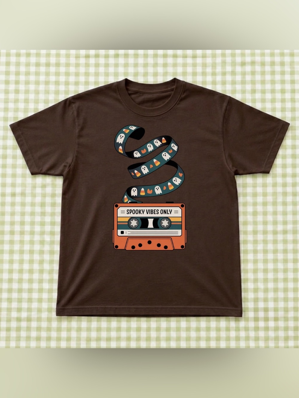Dark Brown 'Spooky Vibes Only' Cassette Tee - Retro Vintage Style